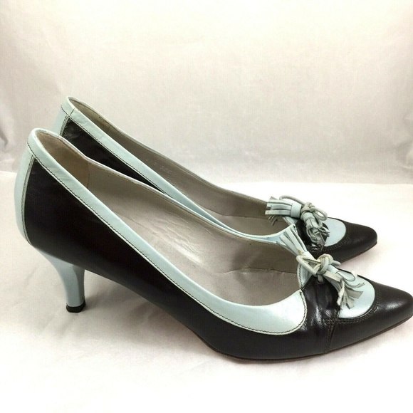 FURLA Pump Two Tone Bow Tassel Leather Brown Blue - Picture 7 of 8